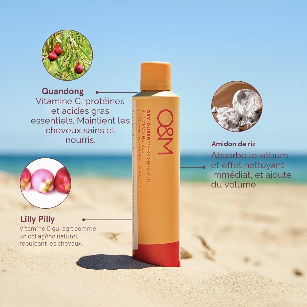 O&M Dry Queen Shampooing Sec (300ml) – Shampooing sec pour volume & fraîcheur – Nettoyage immédiat sans eau – Sans sulfates, parabènes & silicones – Certifié PETA, vegan, fabriqué en Australie