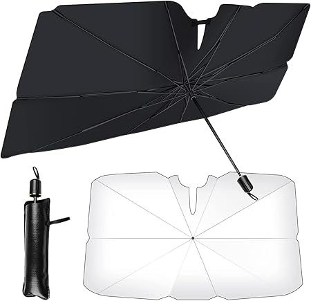Amazon 22年改良10本骨逆折り式 車用サンシェード 折り畳み式 車用パラソル 傘型 フロントシェード フロントガラス 車内用品 車中泊 日除け 遮光 断熱 収納ポーチ付き 簡単取り付け 暑さ対策車用 125 65cm M 車 バイク 車 バイク