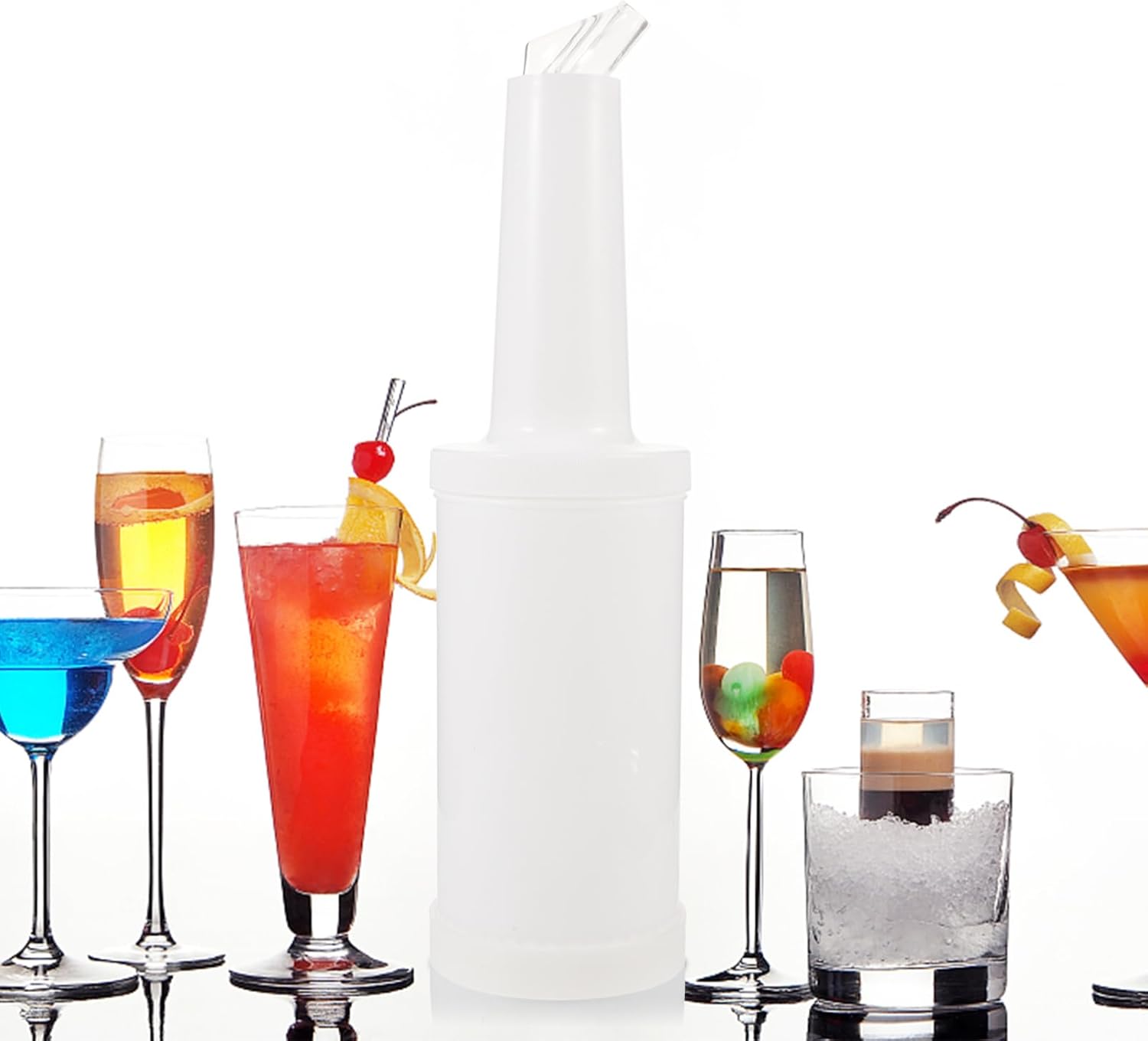 VOSAREA 1L Plastic Juice Pour Bottles Set of 6 Colorful Bartending Juice Jugs Tapered Spouts for Easy Pouring for Bars and Parties