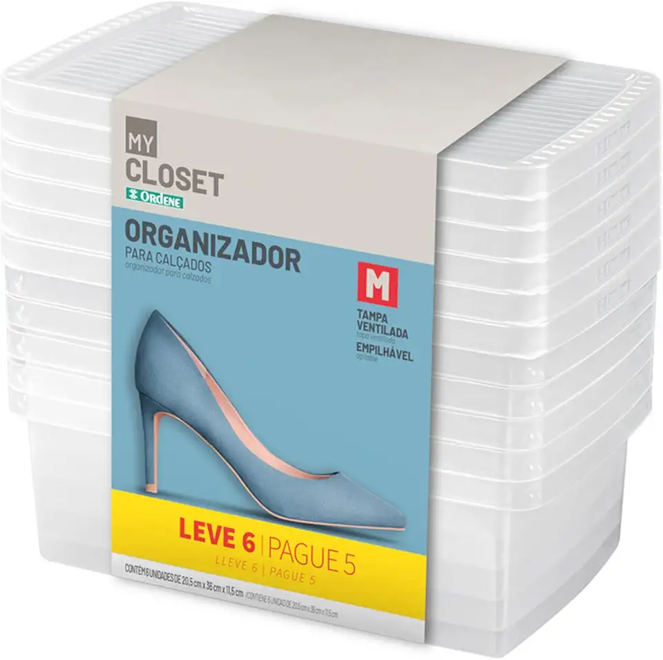 Ordene - Conjunto de 6 Caixas Plástica Média para Sapato de Tamanho 35 à 38, Cor Cristal, Linha My Closet