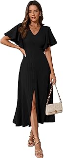 Shasmi Girl's & Women's Pleated Midi Dress with Flutter Sleeves V-Neck Western Dress for Women Elegant A-Line Summer Outfit Office & Casual Wear (Dress 244)