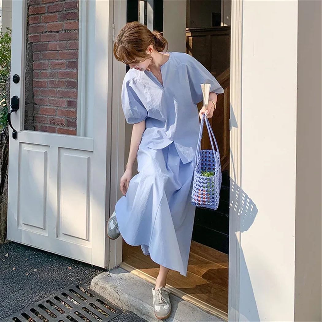 Women's French Style Summer 2-Piece Set Elegant V-Neck Short Sleeve Shirt and High Waist Skirt Outfit