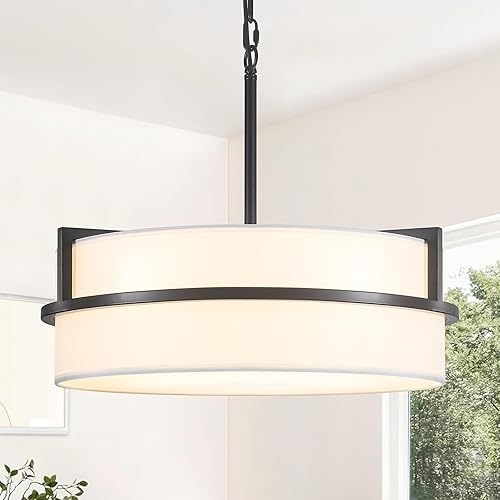 19.7" Black Drum Chandelier,5-Lights Large Drum Pendant Light with White