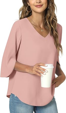 TAOHUADAO Womens 2026 Summer 3/4 Sleeve Tunic Tops Chiffon Work Blouse V-Neck Dressy Casual Shirt