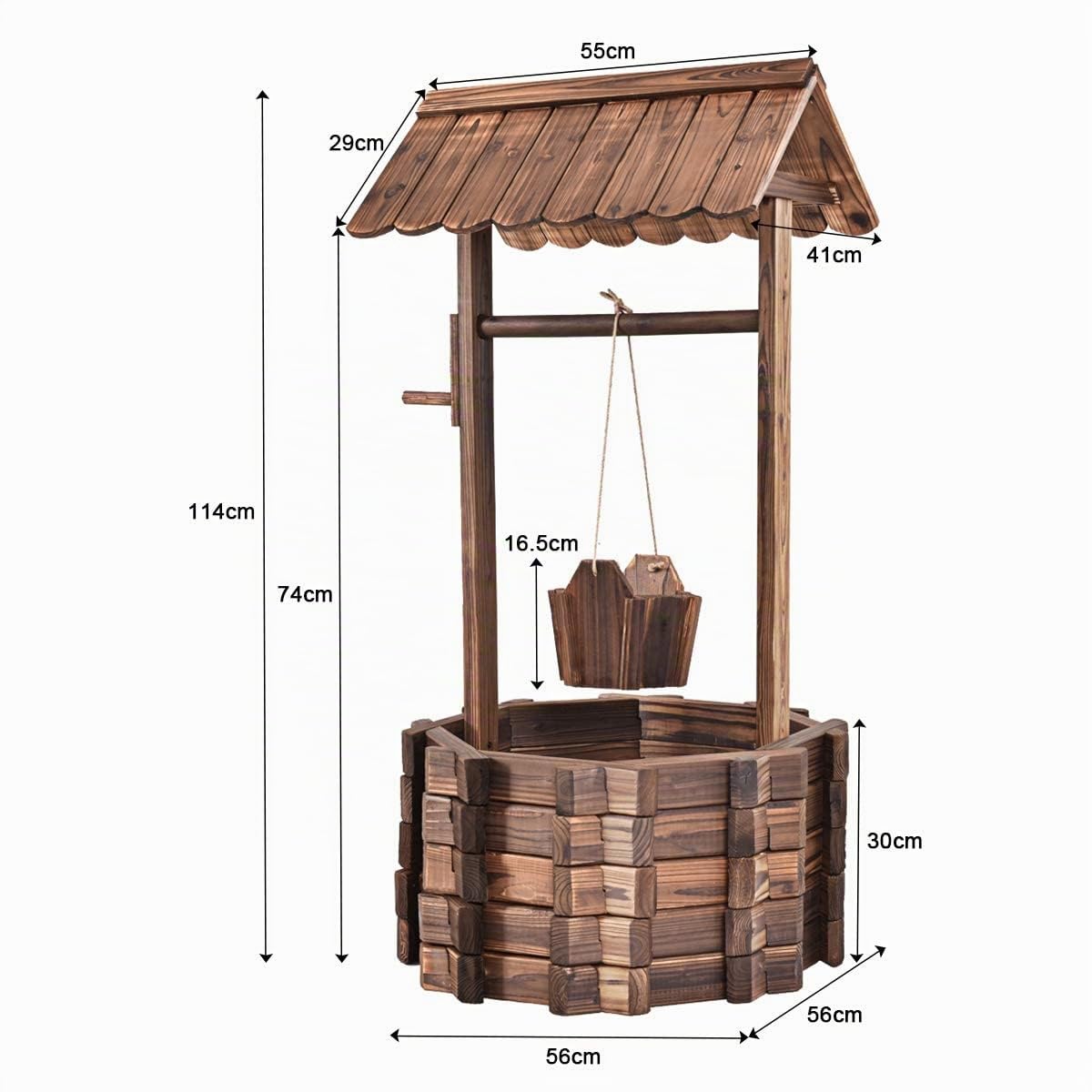 COSTWAY Fontaine de Jardin d'Ornement en Bois de Sapin Traité Carbonisation, Puit de Jardin 56 x 56 x 114 cm avec Seau et Manivelle, Décorative de Jardin