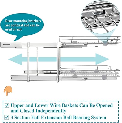 Miniatura 5 de OCG Organizador de armario extraíble de 2 niveles (21.5 pulgadas de ancho x 18 pulgadas de profundidad), cajones extraíbles para armarios de cocina,