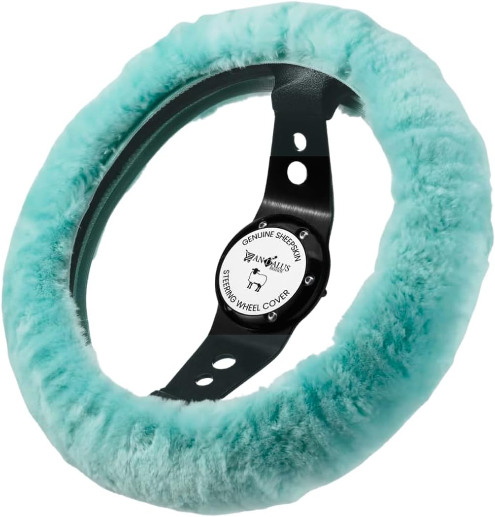 Andalus Brands Luxury Fluffy Car Steering Wheel Covers – Genuine Merino Sheepskin, Soft Fuzzy Car Steering Wheel Cover for Women, Universal 14.5-15" Size, Plush Fur Cute Auto Accessories, Mint Green
