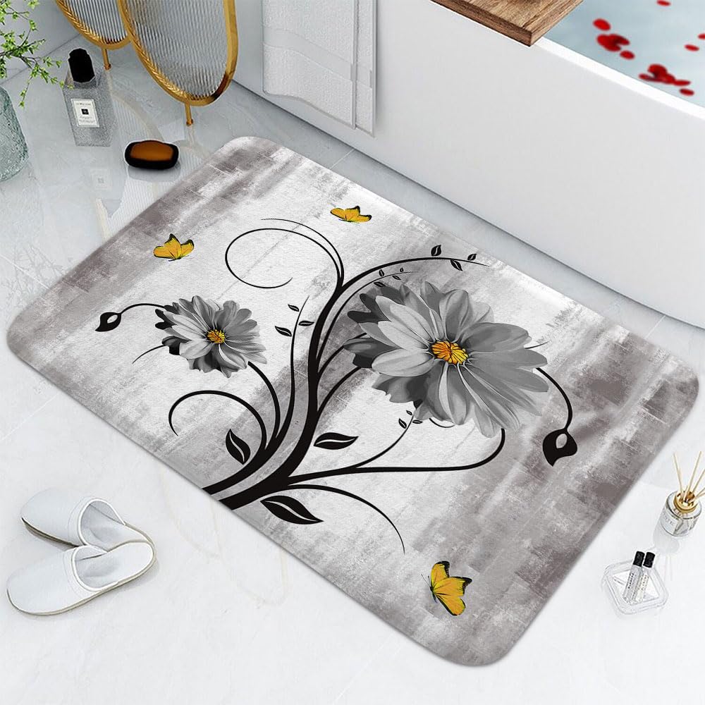 YDIDIAN Rustic Farmhouse Bath Mat, Farm Grey Daisy Floral Flowers and Butterfly on Country Theme Bath Rug for Bathroom, Vintage Grey Flower Bath Mat