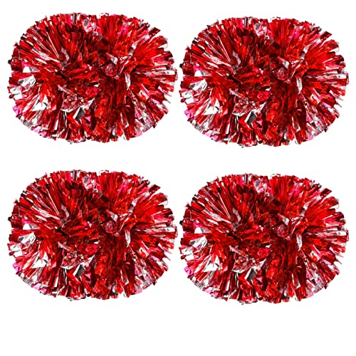 Colexy Pom Poms Cheerleading, 4 Pièces Pompons de Pom-Pom Girl de Couleur, Métallique Boules de Fleurs de Pom Pom avec Poignée, Pompons de Danse pour Sport L'aérobic, Argent Mélangé avec Rouge