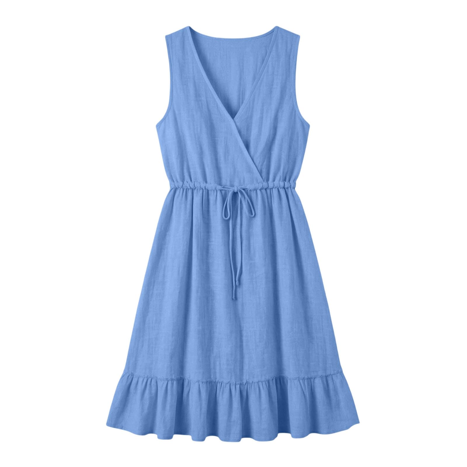 Musselin Kleid Damen, Kurz Leinenkleider Midikleid Strandkleid Luftig Kleider Mit Rüschen Saum Taillenband Ärmellose V-Ausschnitt Trägerkleid Freizeitkleid A Linien Wickelkleid Leichtes Sommerkleid