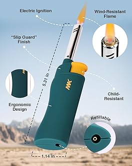 MK Candle Lighter, Butane Refillable Wind-Resistant Flame, 4-Pack for BBQ, Camping, Outdoor Use, Random Color (Hue-4PC)