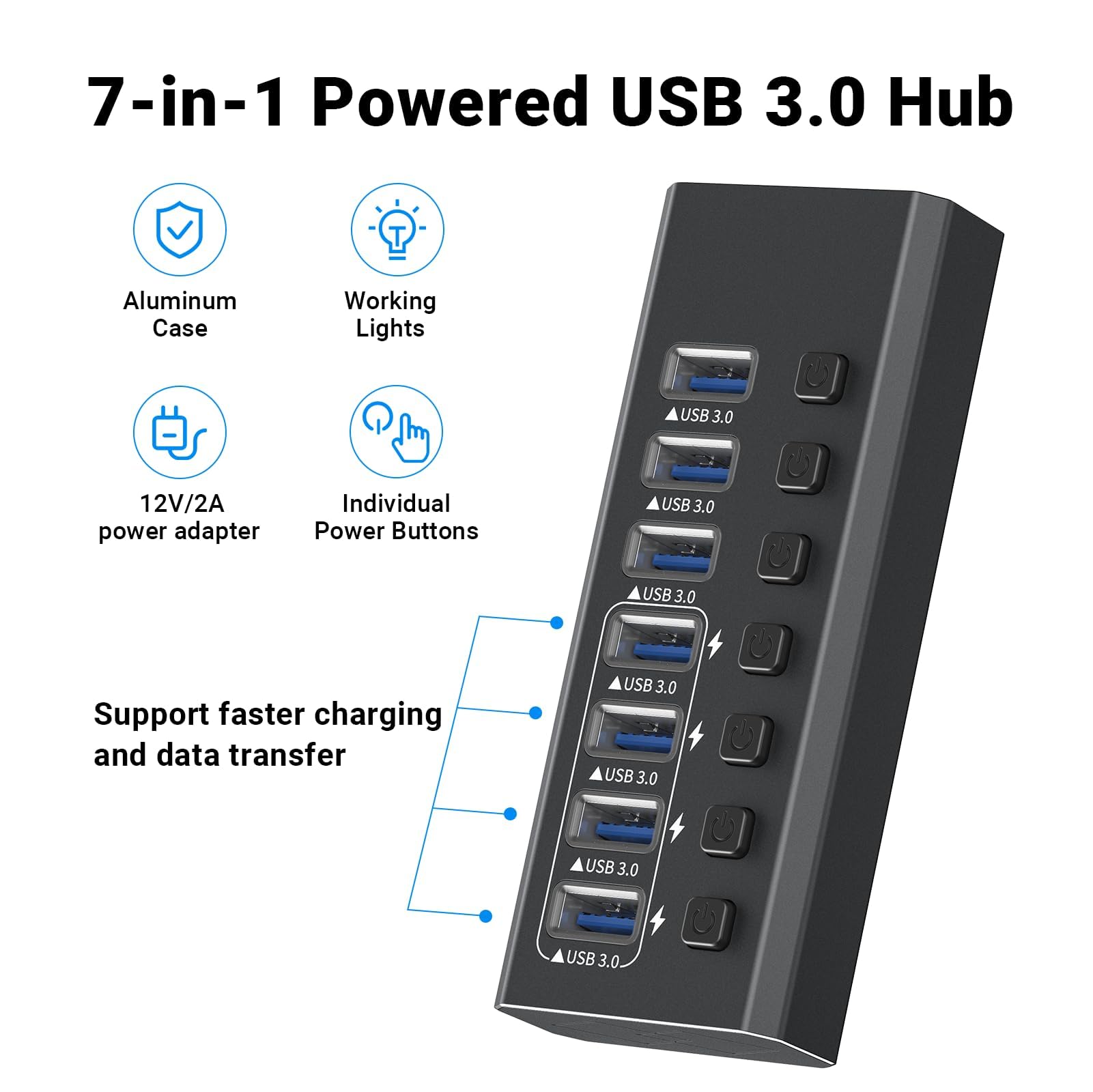 Hub USB 3.0 alimenté en aluminium, 7 ports USB SuperSpeed avec adaptateur d'alimentation 12 V/2 A et interrupteur marche/arrêt individuel pour Surface Pro, Windows, PC, ordinateur portable, ordinateur