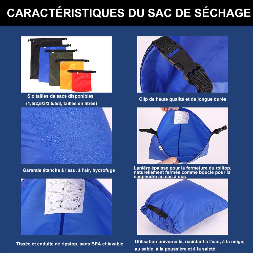 Voarge 6 Pezzi Borsa Impermeabile Leggera, Set di Borse Asciutte per Rafting, Canottaggio, Escursionismo, Campeggio, 1.5/2.5/3/3.5/5/8L