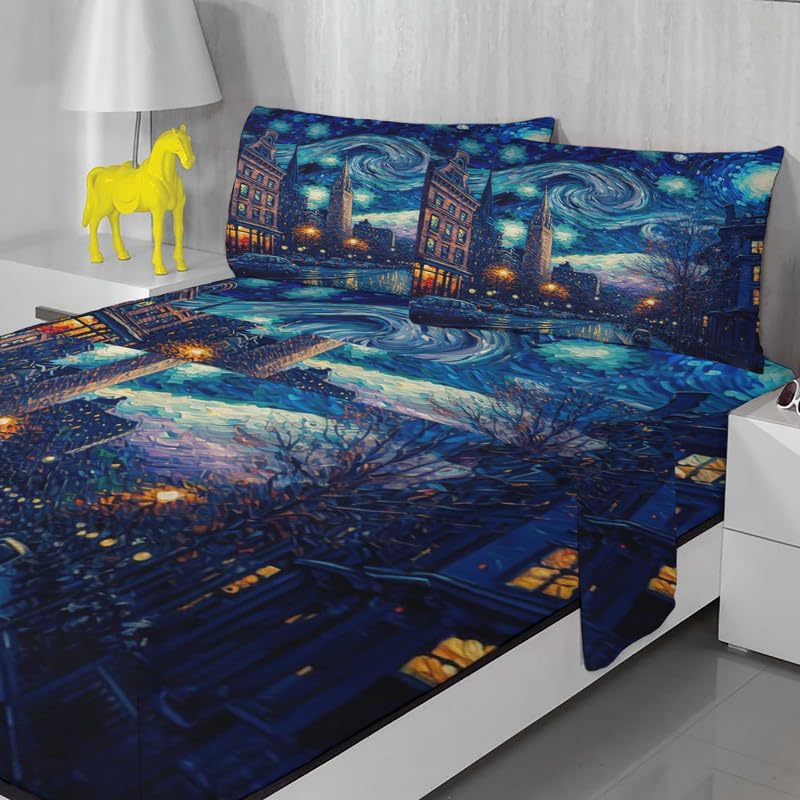 Sábanas abstractas tamaño Queen Sábanas londinenses de 4 piezas y bolsillo profundo de 16 pulgadas, sábanas de microfibra suave de 600 hilos sin