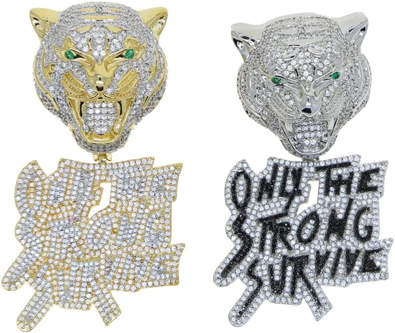 ATJMLADYJEWELRYATJMLADYJEWELRY Hip Hop Necklace For Men Micro Pave 5A CZ Iced Out Bling Gold Plated Lion Head Only The Strong Survive Pendant