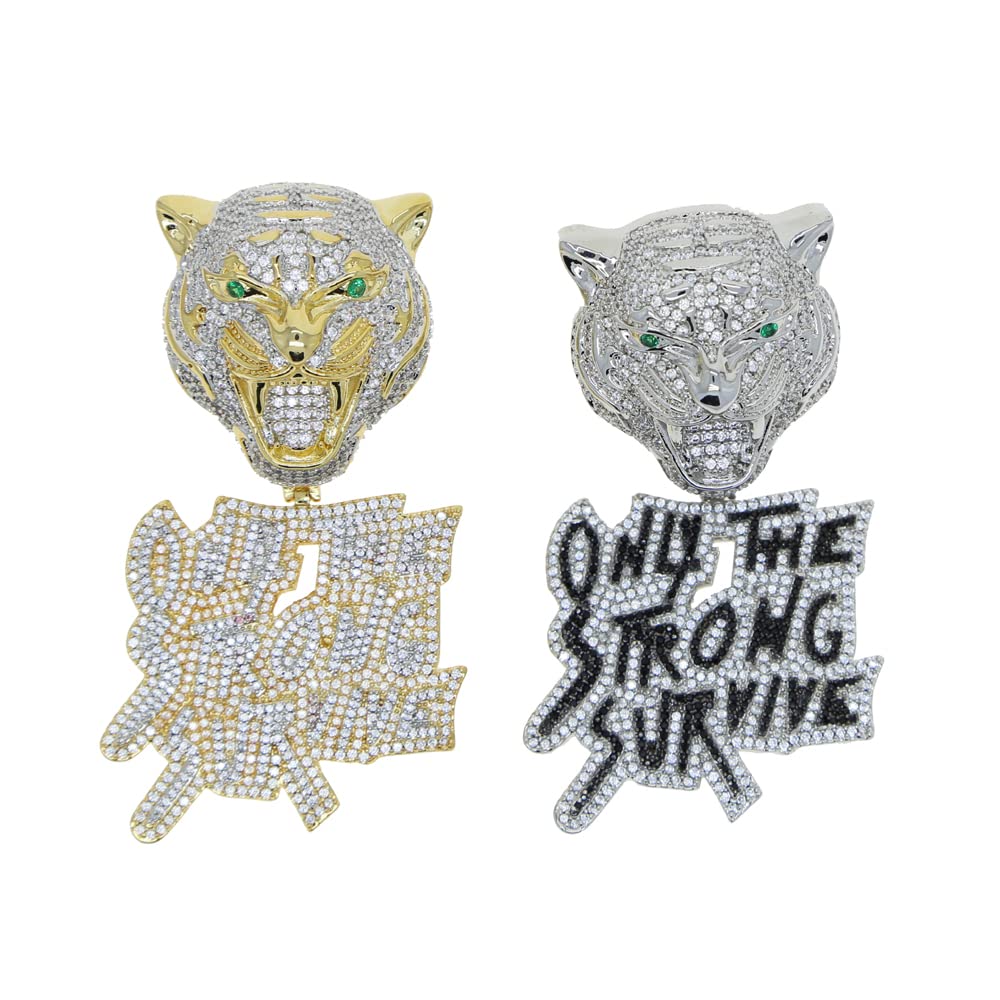 ATJMLADYJEWELRYATJMLADYJEWELRY Hip Hop Necklace For Men Micro Pave 5A CZ Iced Out Bling Gold Plated Lion Head Only The Strong Survive Pendant