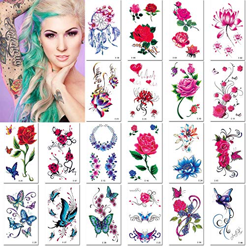 Temporary Tattoos Stickers, Butterfly, Rose Temporary Tattoos For Women - Fake Body Tattoo Stickers For Girls, Tattoo Transfer Paper 30 Pcs