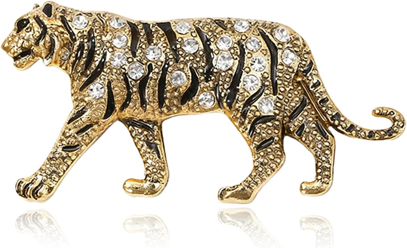 Luxury Crystal Tiger Brooch Pins for Women Men Vintage Gold-Tone Climbing Black Spots Leopard Brooch Fashion Panther Cougar Pin Suit Jackets Coat Animal Jewelry Gift