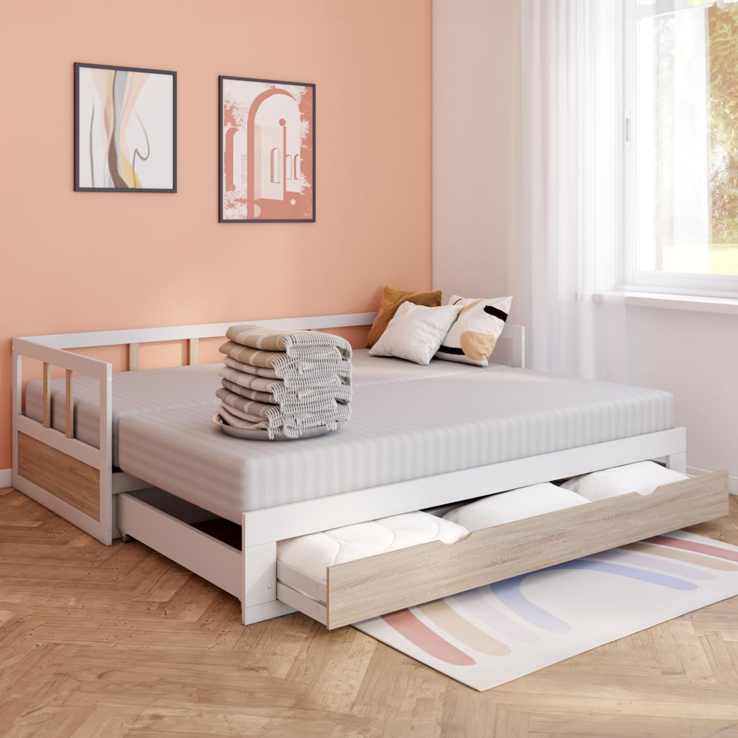 IDMarket - Lit Banquette 90 x 190 cm Zoya Convertible 180 x 190 cm Blanc et hêtre avec 1 tiroir de Rangement