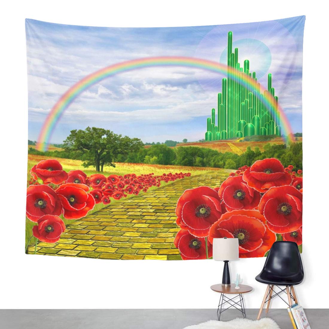 Emvency Tapestry Field Yellow Brick Road Backdrop Leading to Emerald Wizard City Flowers Party Follow Home Decor Wall Hanging for Living Room Bedroom Dorm 50x60 Inches
