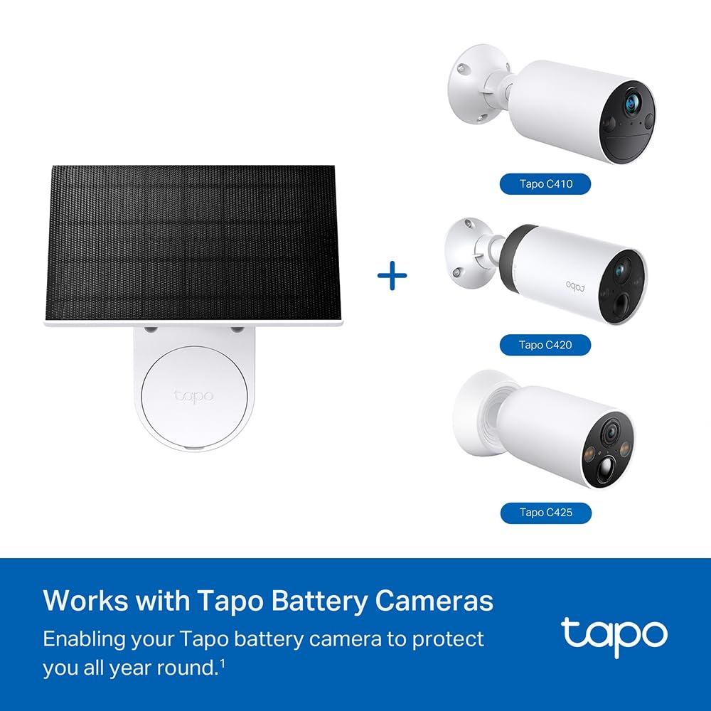 Tapo A201 Pannello Solare 2.5W, 5.2V, Adatto a Telecamere a Batteria, Installazione Flessibile, Ricarica ad Alta Efficienza 45 Min per Tutto il Giorno, IP65, Regolabile a 360°, Cavo di Ricarica di 4m