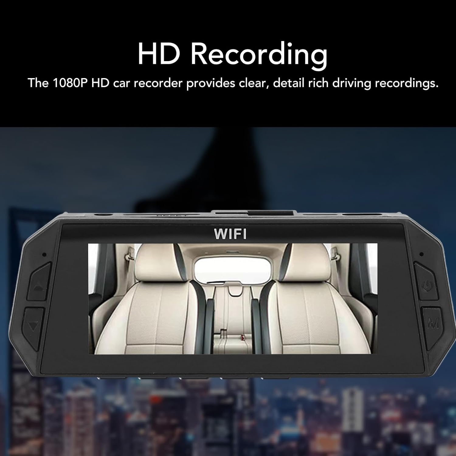 Yoidesu Dash Cam mounted on a windshield, showing the screen displaying the car interior.