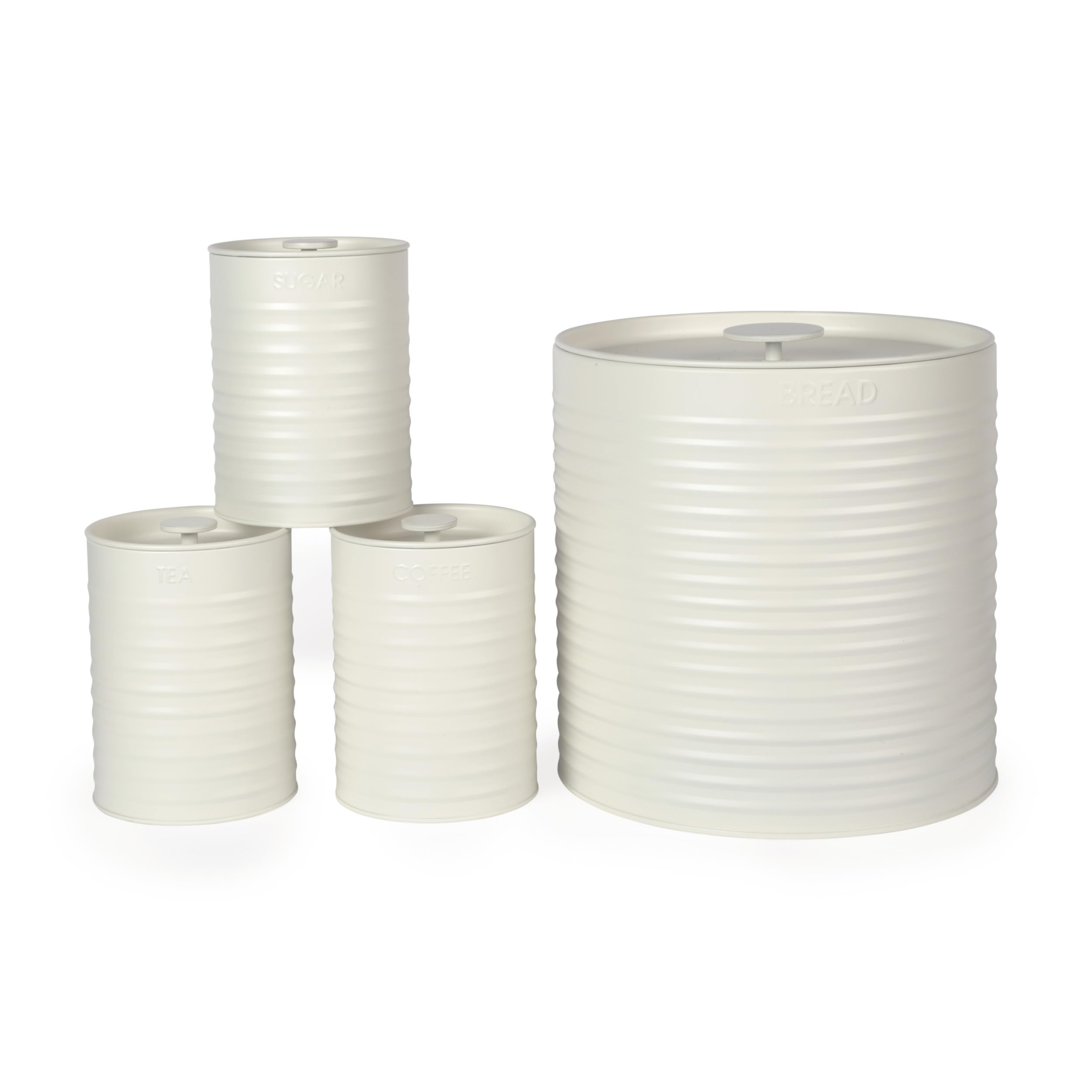 Russell Hobbs Russell Hobbs RH03270CEU7 Ribbed 4-Piece Countertop Set – Set of 3 Kitchen Storage Canisters & Bread Bin, Tea, Coffee and Sugar,
