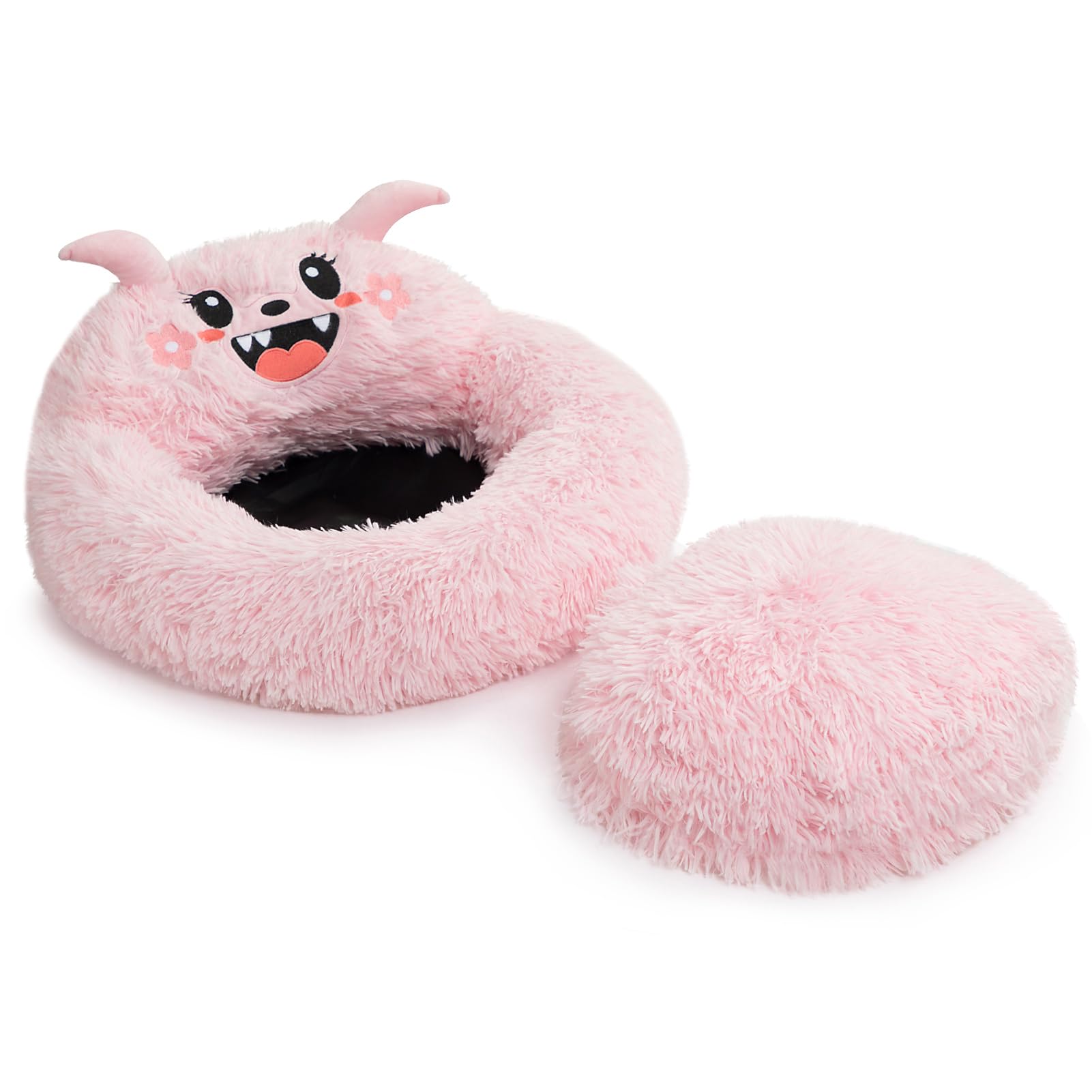 Hollypet Fluffy Plush Cat Bed / Small Dog Bed - Pink Pet Sofa With Armrest, 60x45x25cm, PP Cotton Filled