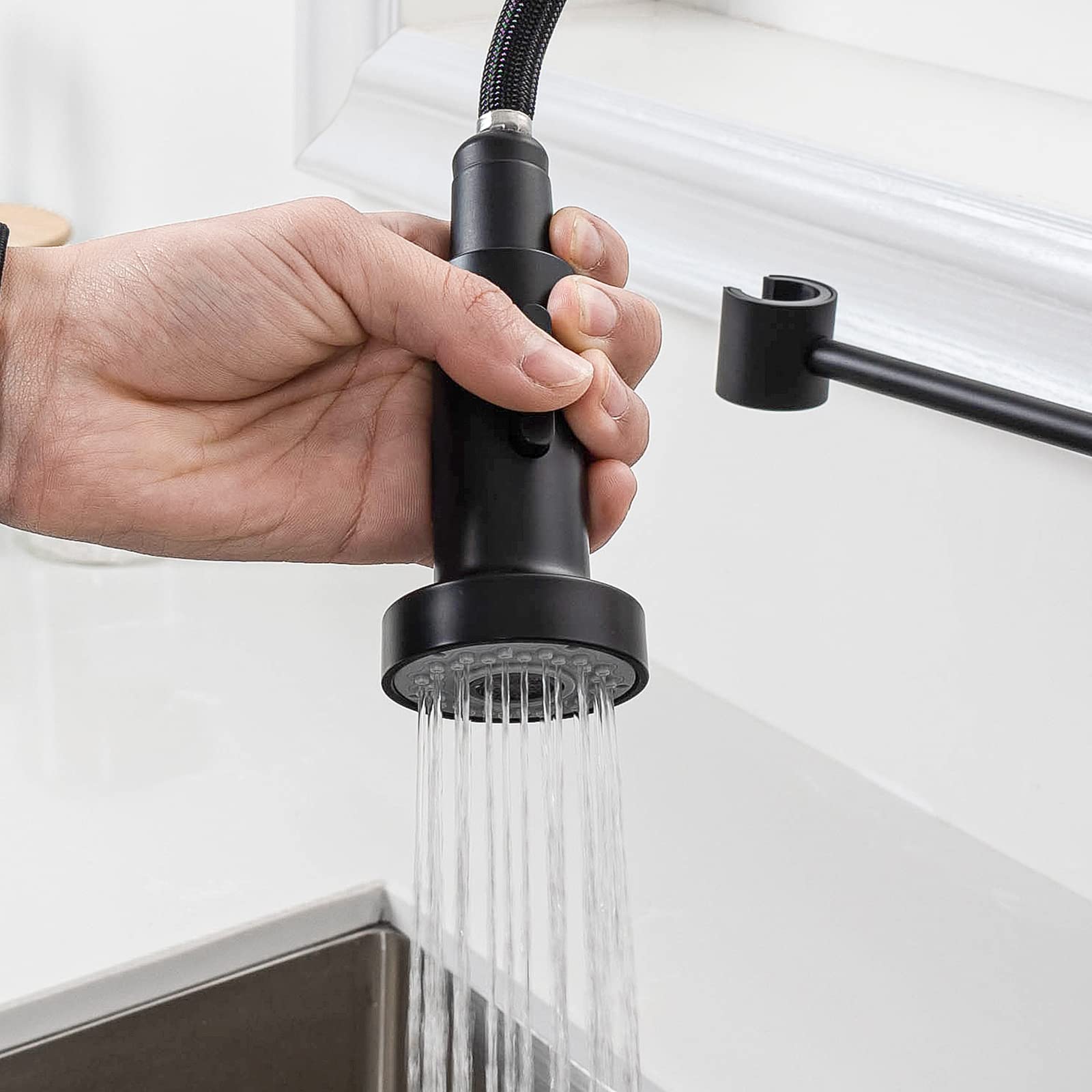 Ibergrif Grifo Profesional Cocina con Ducha Extraíble, Mezclador de Fregadero, Acero Inoxidable, Negro, M22143B