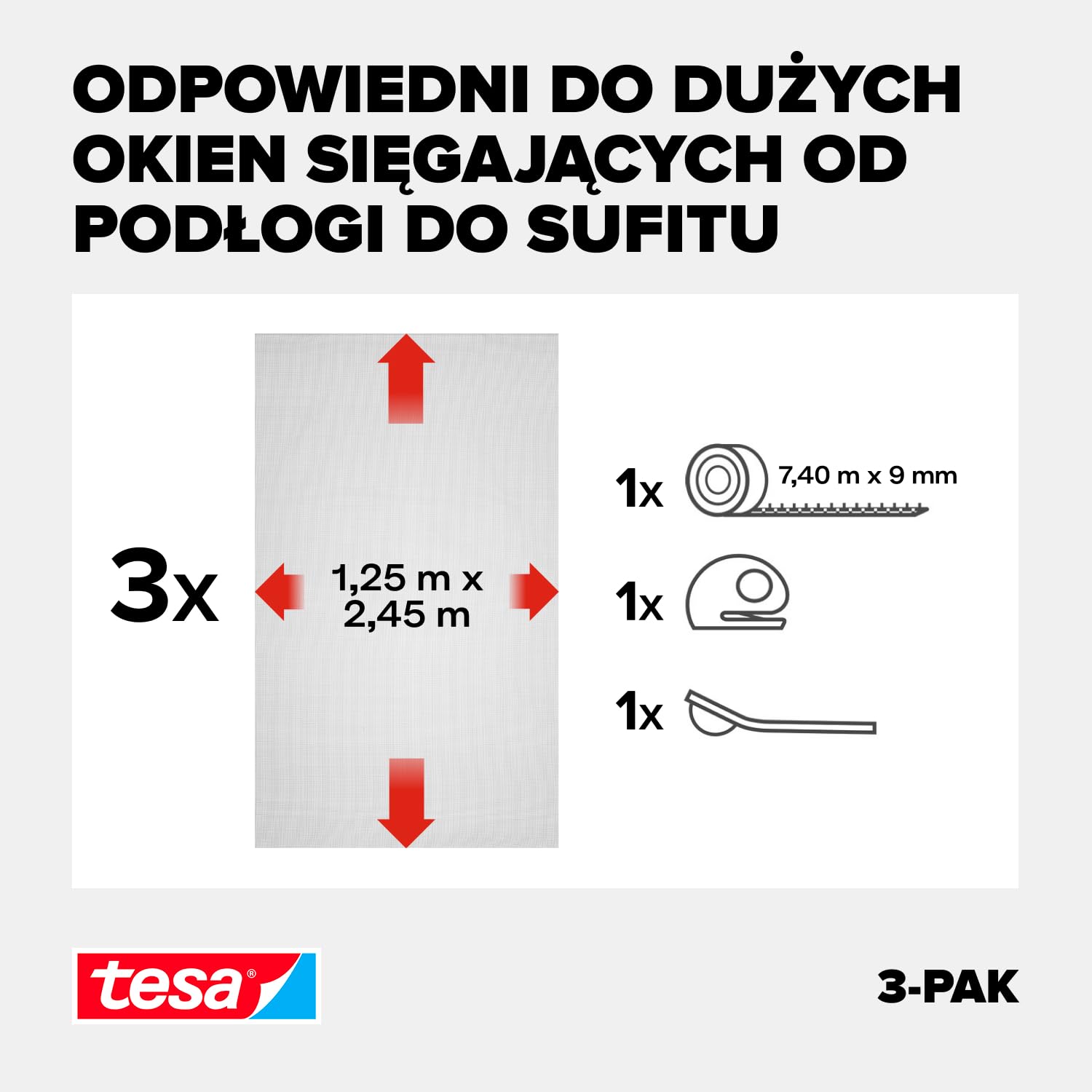 tesa INSECT STOP H&L Fly Screen Premium for Windows - siatka z taśmą rzepową, łatwe zdejmowanie, bez wiercenia, antracyt - 3x 125 x 245 cm