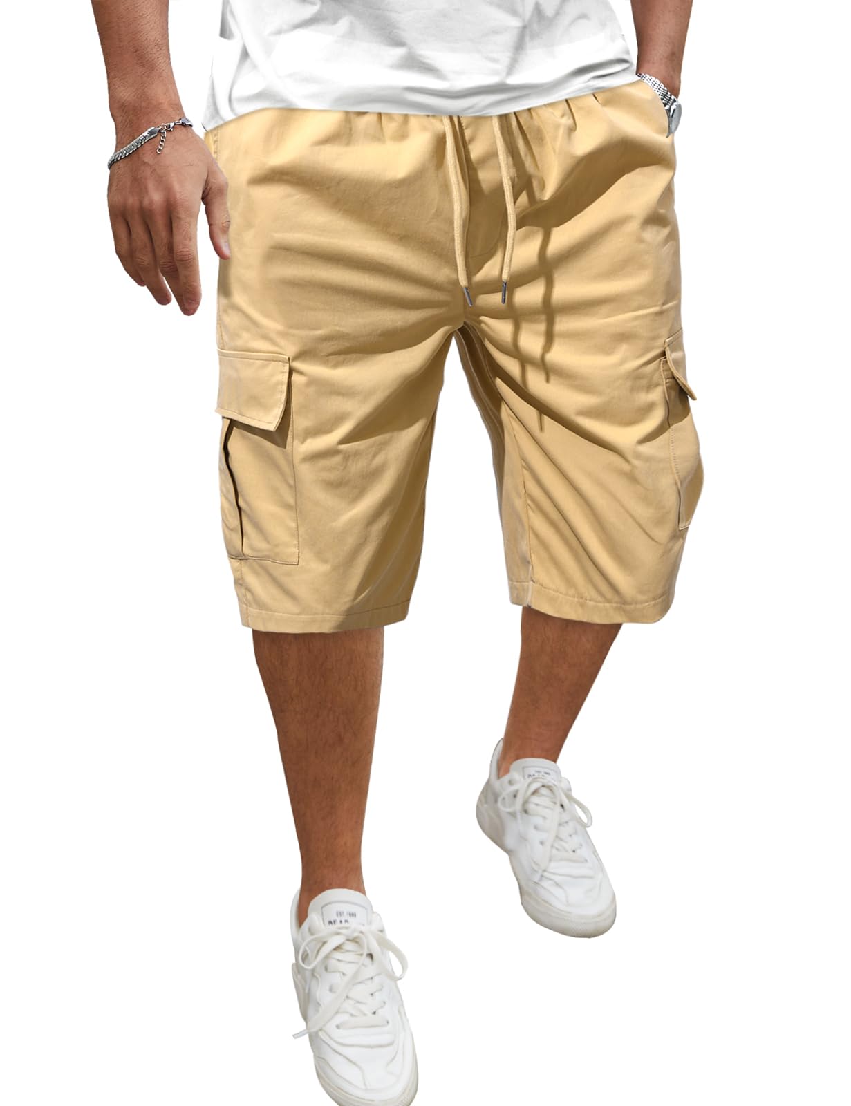 Voqeen Pantalones Cortos Hombre Verano Bermudas Cargo Shorts con 5 Bolsillos Casual Pantalón Trabajo Algodón Vintage con Cordón Ajustable