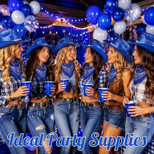 Image of Coume 12 Pcs Sparkly Adults Cowboy Hat and Bandanas Women Men Western Glitter Cowgirl Party Hats with Adjustable Drawstring