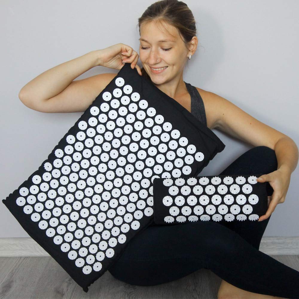 NX - Tappetino massaggiante per agopressione, per schiena, corpo, piedi, alleviare lo stress, il dolore, Shakti, Acupuntura, yoga, con cuscino, M2SetBlack