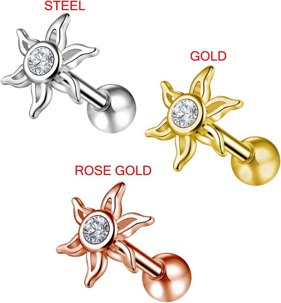Tribal Sun with Cz Stone Top 16 Gauge 316L Surgical Steel Tragus - Cartilage - Helix - Conch - Stud Piercing Jewelry