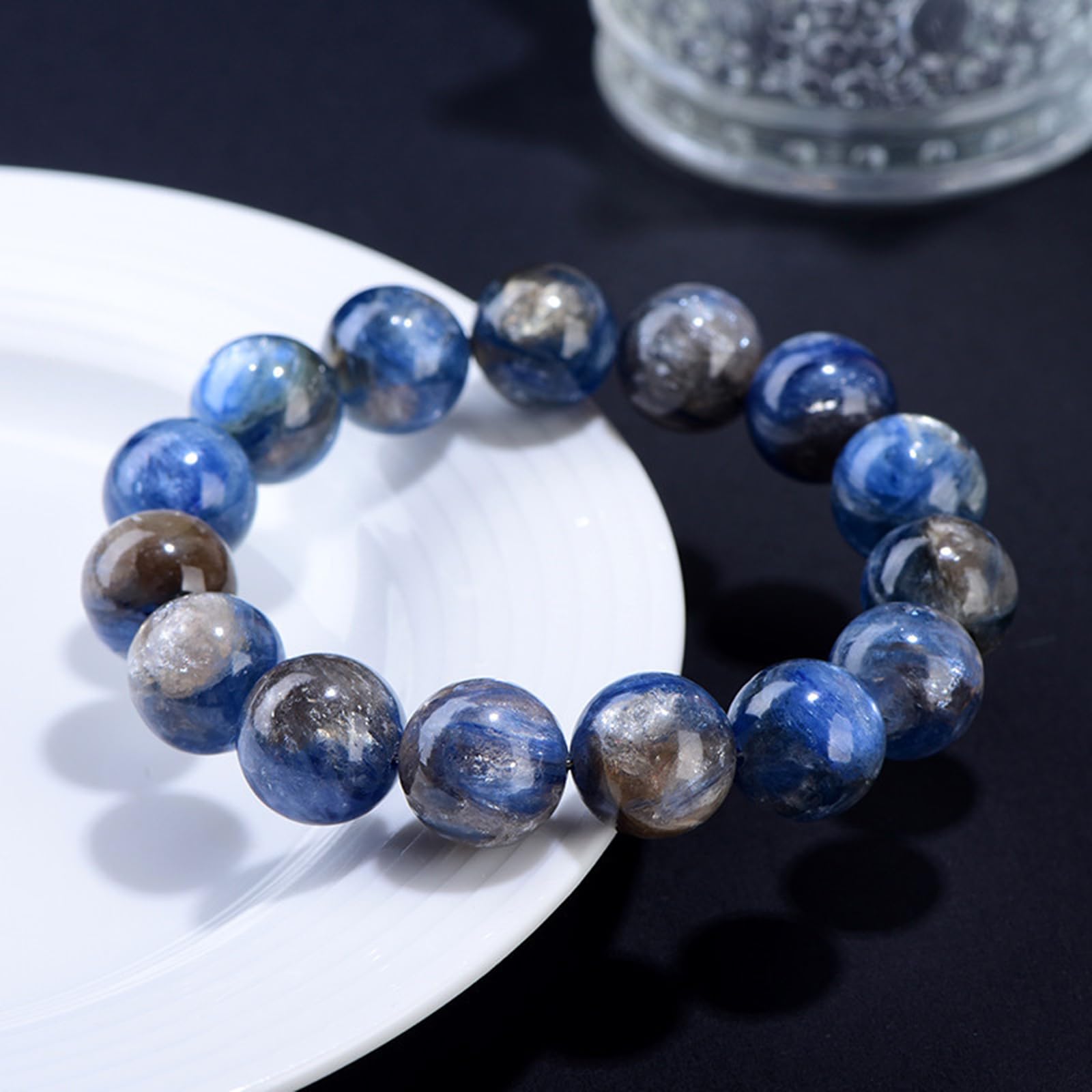 Bracciale da donna in cianite simbiotica "Old-Mine" – Gioiello con pietre | Regali di gioielli in cianite fatti a mano per donne, braccialetti elasticizzati con perline di cristallo