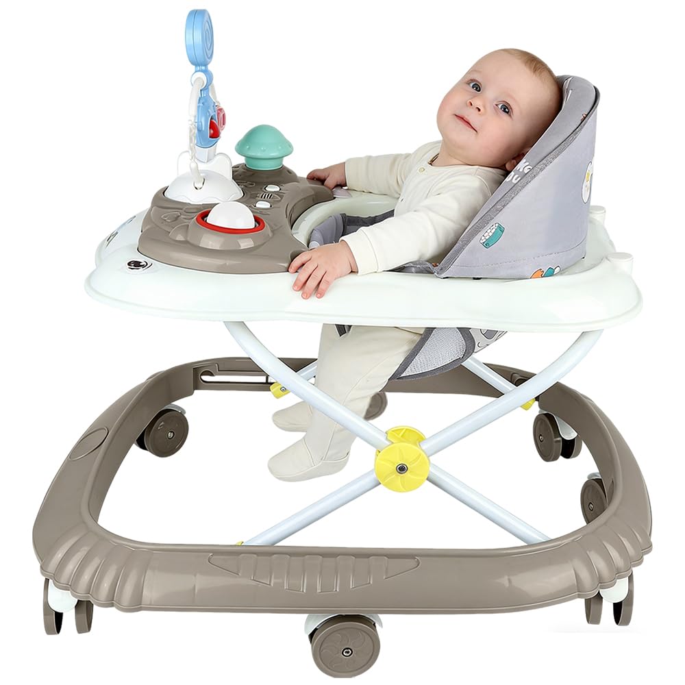 Andador de bebé, 6 meses juguetes y actividades, trotador con música y luces, asiento giratorio de 360 grados, 3 ajustable, asiento acolchado y lavable a máquina (67 * 72 * 92 cm - Caqui (B))