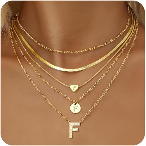 YEEZII 5 Pcs Gold Initial Necklaces Set for Women, 14K Gold Plated Personalized Letter Necklace, Dainty Layered Initial Necklace for Women Gift
