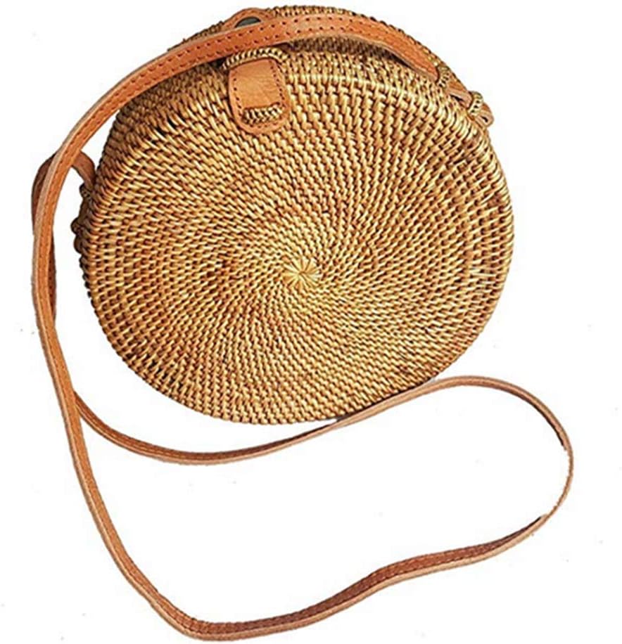 Handwoven Round Rattan Straw Bag for Women Shoulder Leather Button Straps Natural Chic Handmade Boho Bag Bali Purse