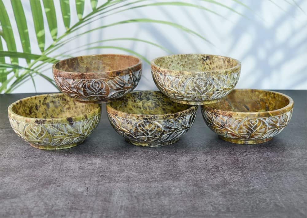 Ajuny Soapstone Smudge Bowl 5 Inch, Handmade Leaf Carved Scrying Pot