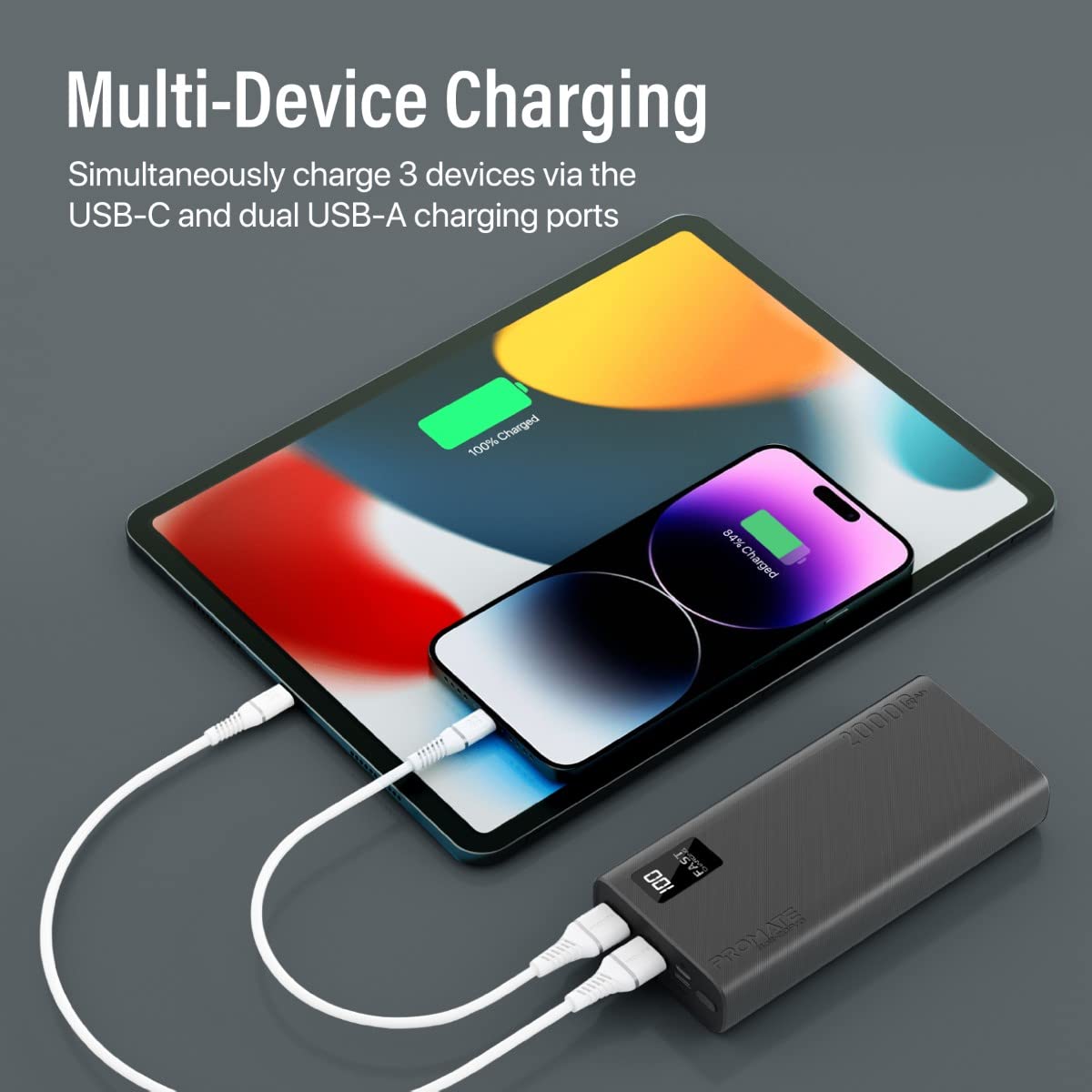 Batería Externa Bolt-20Pro Powerbank Ultra-Slim 20000mAh 3-en-1 Dos Puertos USB-A Puerto USB-C 10W Pantalla LED Inteligente Multiprotección Negro