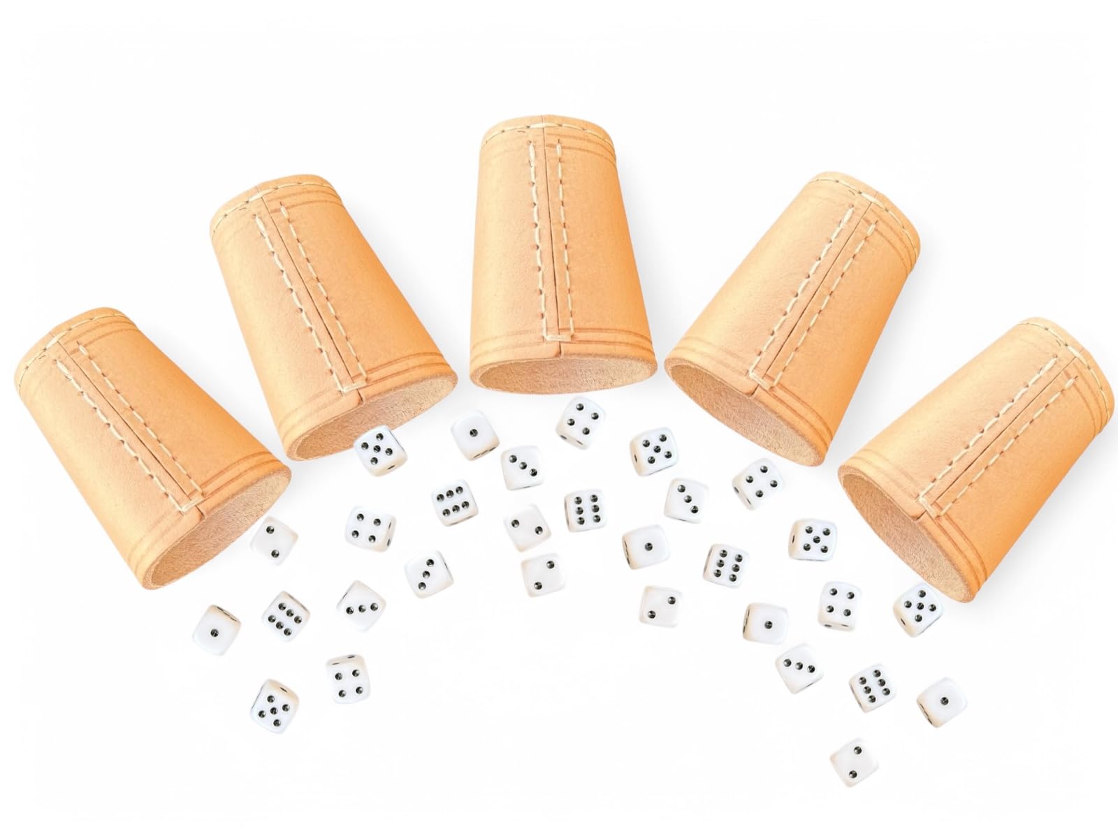 Leder Würfelbecher Set, 5 Becher mit 30 Würfeln, 16mm, Handgefertigt, 9cm x 7cm, Natur
