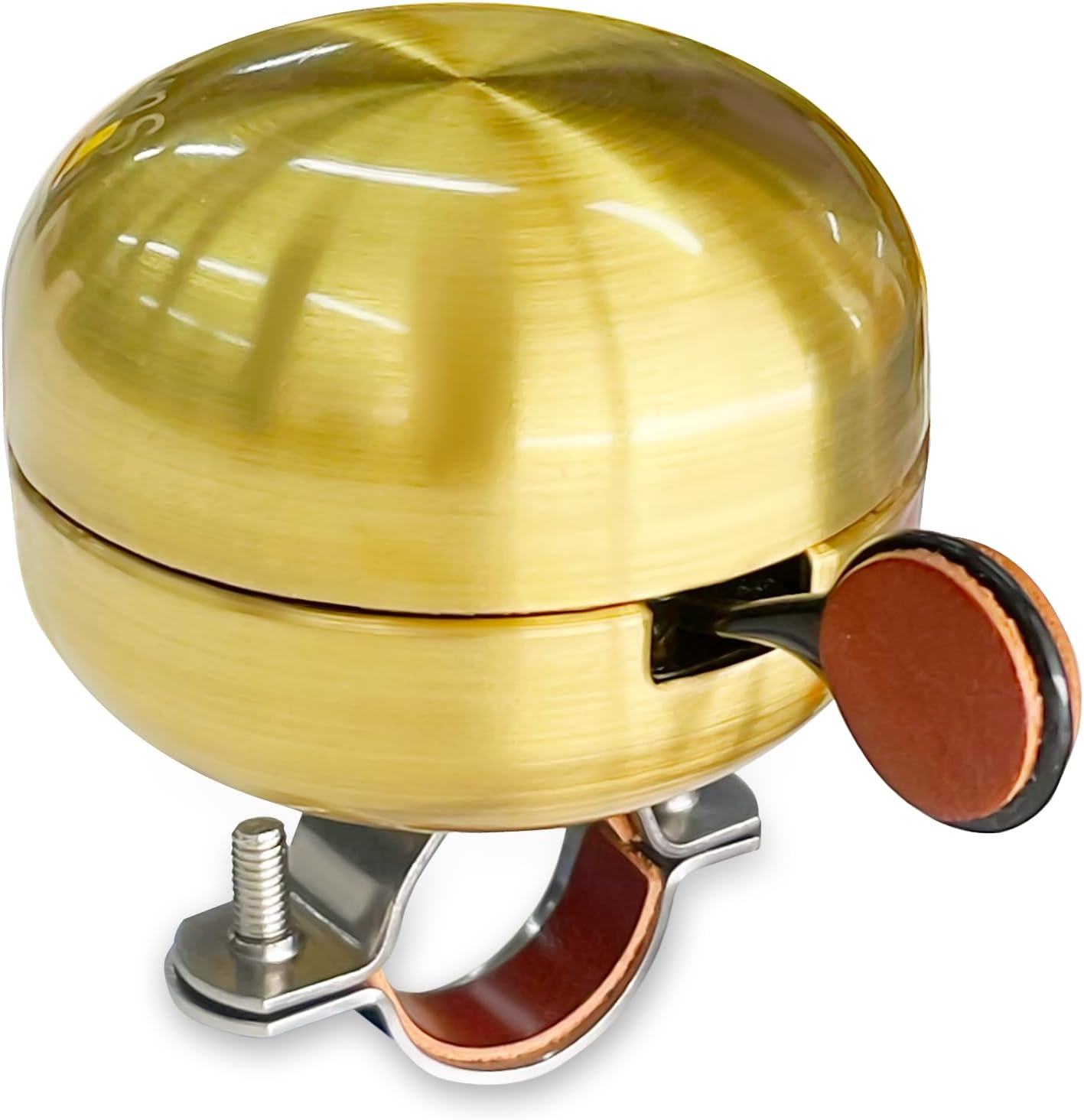 Bicycle Bell is Made of Brass and emits a Clear resonant Sound. a Double Echo Ring with Leather Lining and dial. Suitable for City Bicycles ranging from 22.2-31.8mm