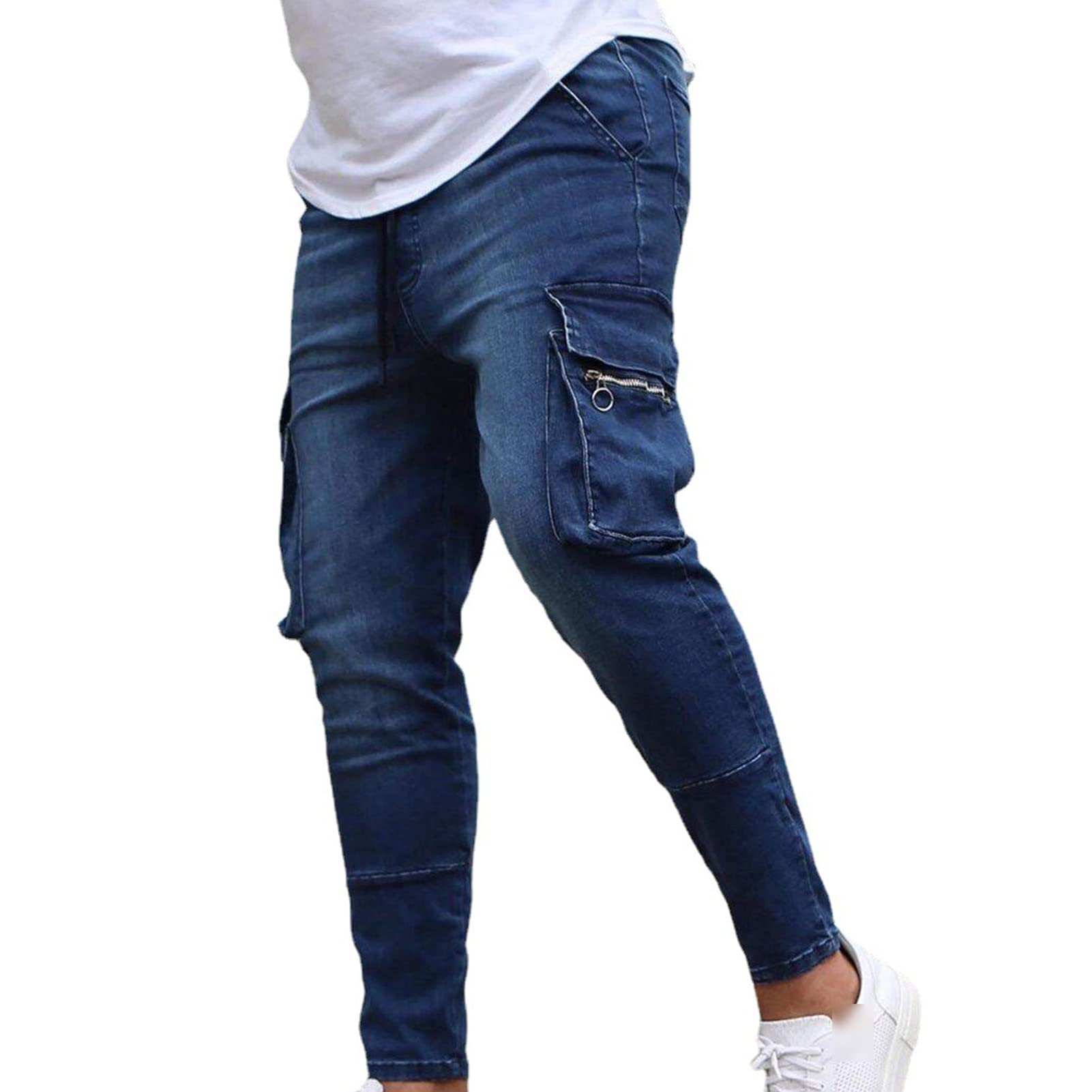 Maiyifu-GJ Men's Ripped Multi Pockets Jeans Slim Fit Skinny Stretch Jean Pant Washed Distressed Biker Denim Pencil Pants (Blue 1,3X-Large)