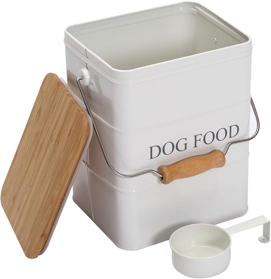 Morezi Dog Treat and Food Storage Tin with Wooden Lid and Scoop Included - White Powder - Carbon Steel - 5 lbs Capacity - Pet Food Container Storage Canister
