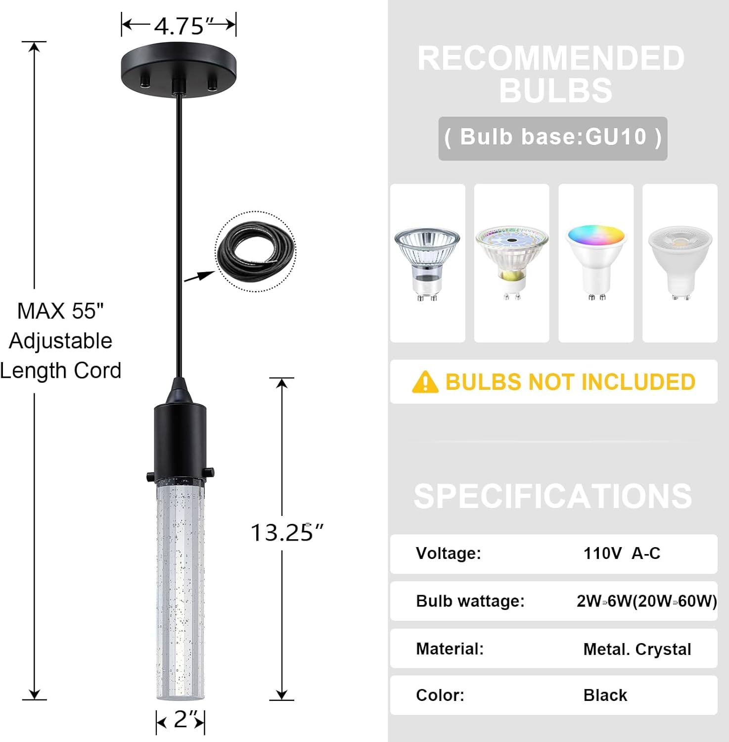 2 Pack 1 Light Mini Integrated Hanging Crystal Kitchen Island Modern Concise Pendant Ceiling Light Fixture,Black Finish for Over Sink Dining Room Bedroom Hallway,UL Listed