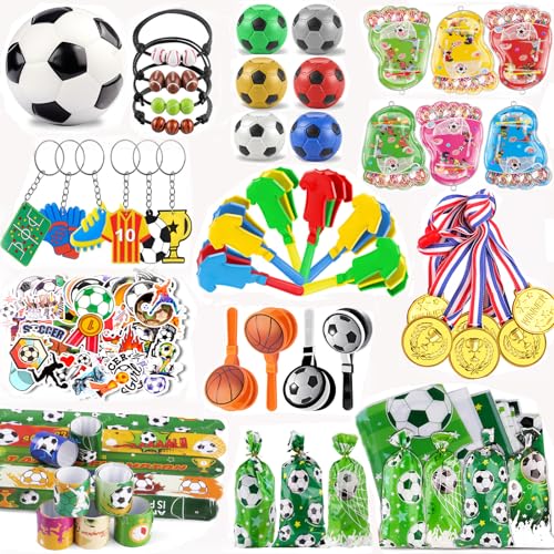 nicknack 113 pcs Artículos de Fiesta Fútbol Cumpleaños Niños, Piñata Fútbol Relleno, Regalos Futbol Niños con Balón, Medallas, Pulsera, Bofetada, Llavero, Bolsas de Regalo y Pegatinas