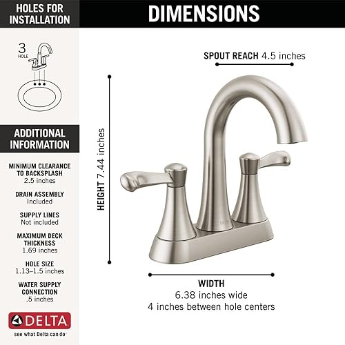 Miniatura 5 de Delta Faucet Esato Centerset - Grifo de baño de níquel cepillado, montaje de drenaje incluido, níquel cepillado SpotShield 25897LF-SP