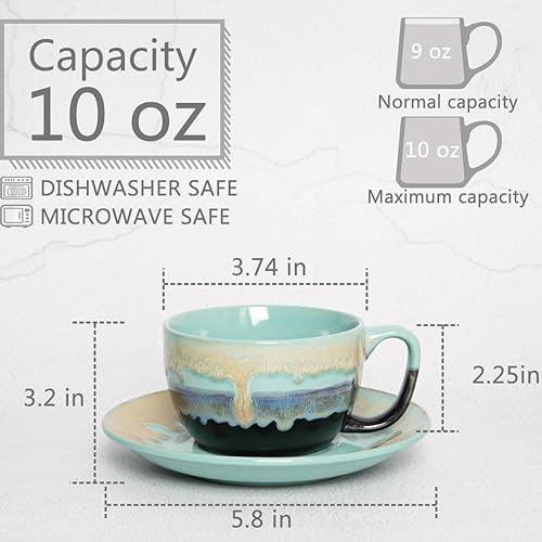 Miniatura 8 de Bosmarlin Juego de 2 tazas y platillo de cerámica para capuchino, 10 onzas, aptos para lavavajillas y microondas, tazas de café para café con leche,