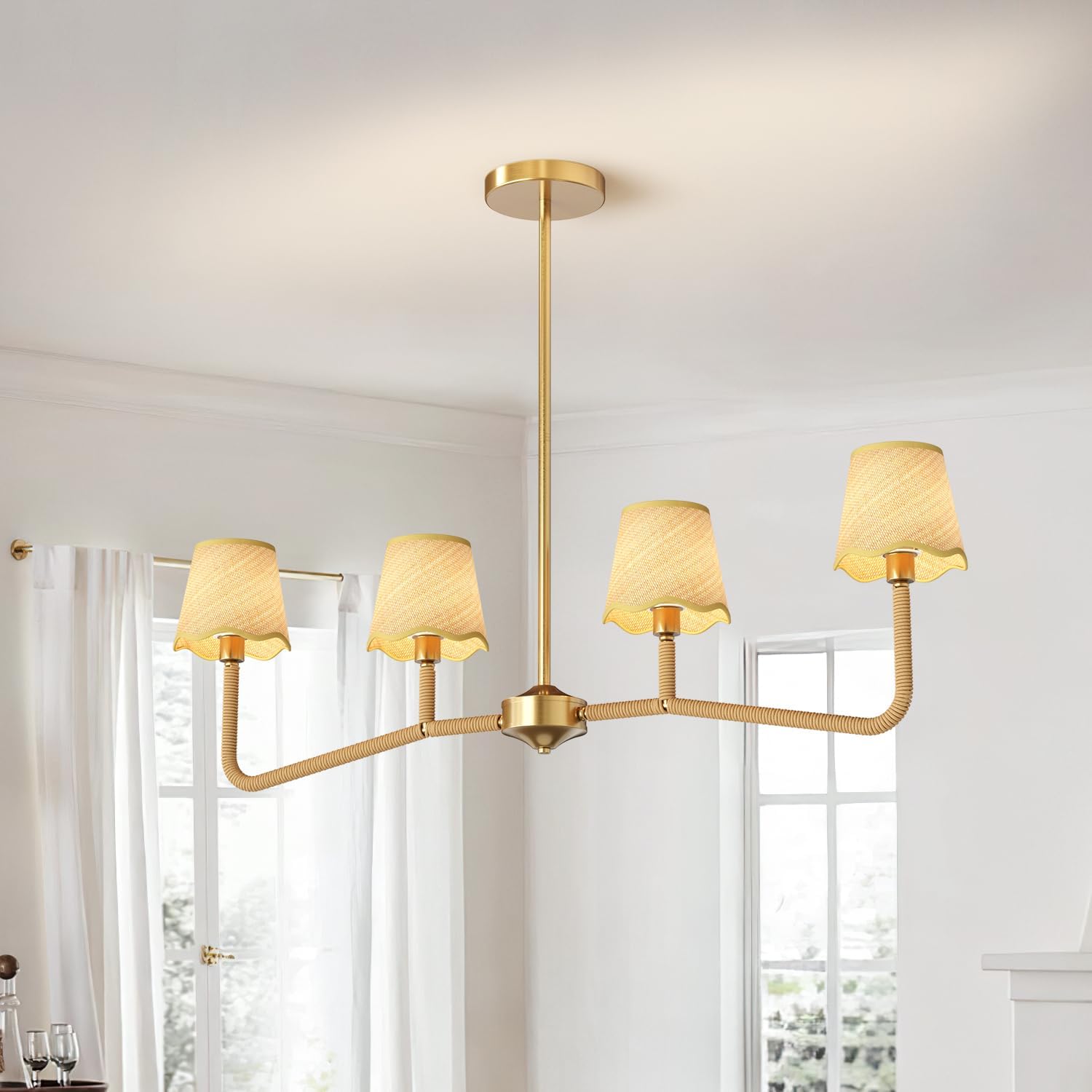 Rattan Kitchen Island Lighting, Farmhouse Rattan Chandelier with Wicker Lamp Shades, Modern Dining Room Chandelier, Adjustable Boho Light Fixturefor Kitchen Island, Dining Room, Entryway