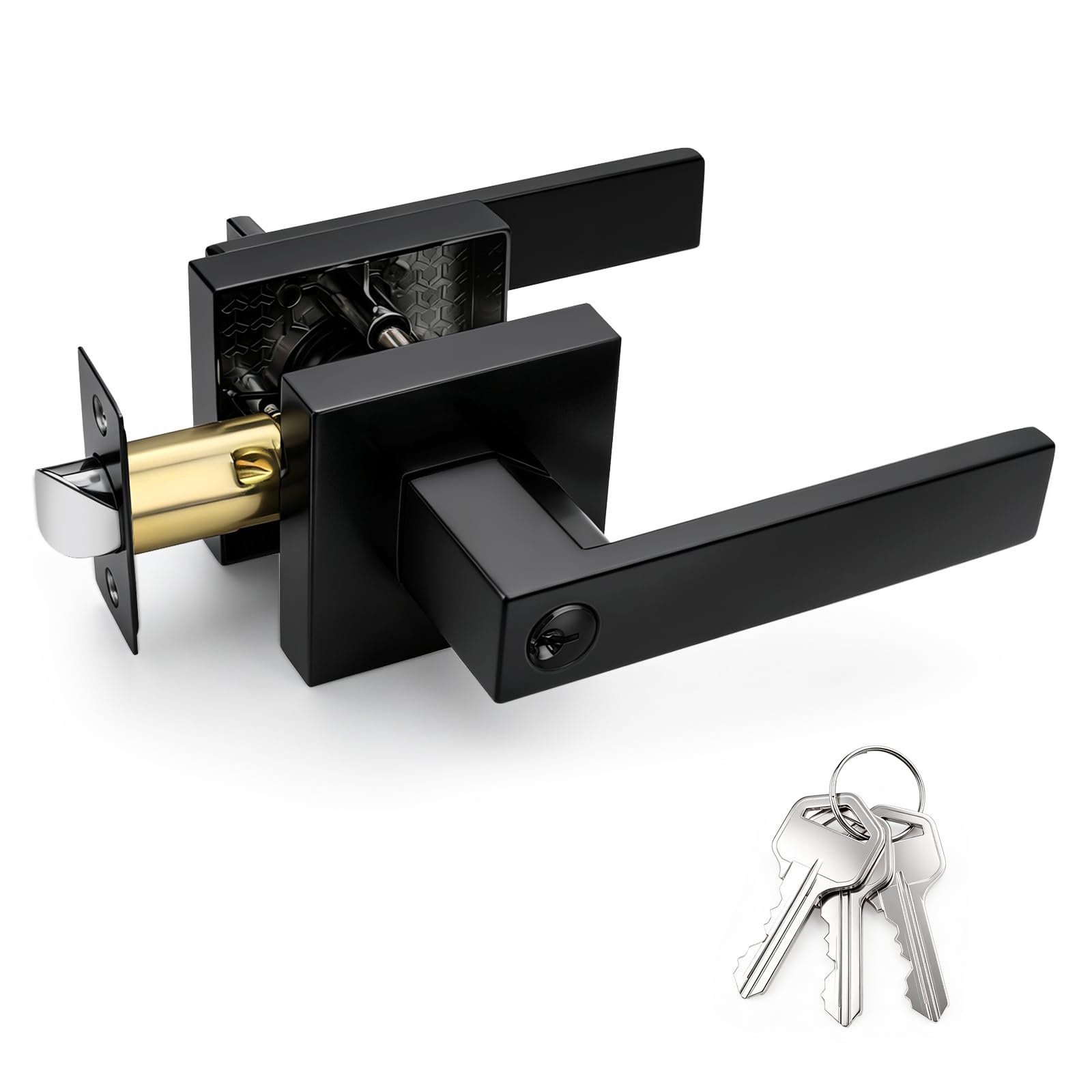 Brotima Matte Black Entry Door Lever,Modern Square Keyed Entry Door Handle with Adjustable Latch (60/70mm Backset),Stainless Steel Exterior Entrance Door Handles for Front Doors & Home Entry